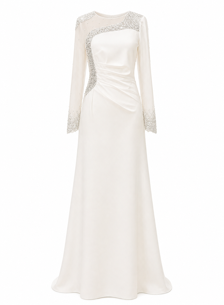 Ivory Crystal-Embellished Long Sleeve Gown – Elara