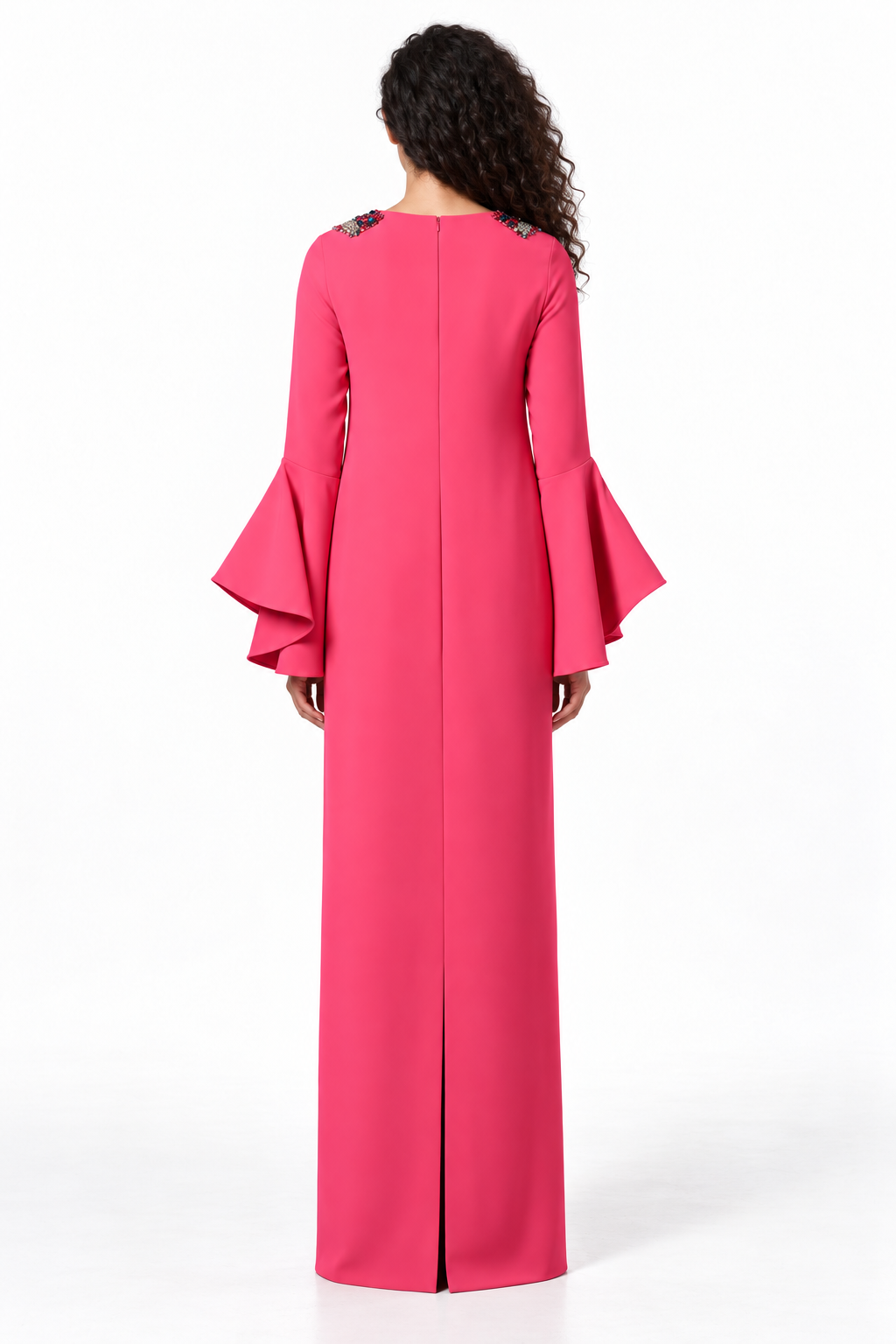 Fuchsia Crystal Neckline Bell Sleeve Maxi Dress - Ruby