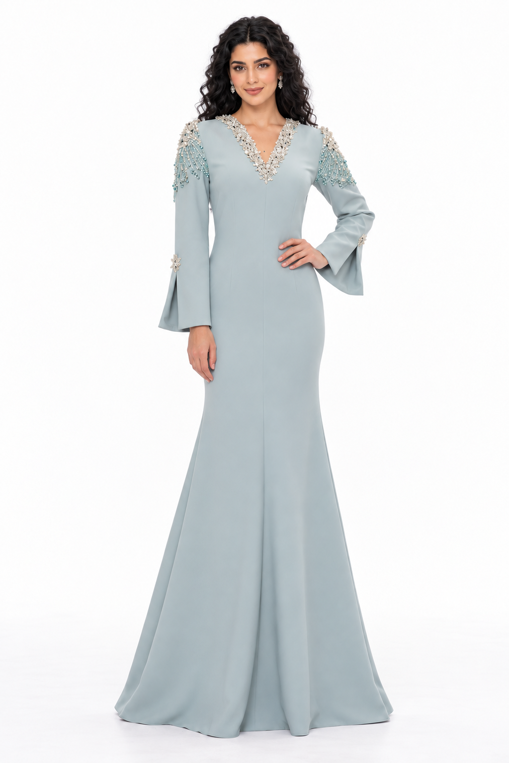 Beaded V-Neck Flared Sleeve - Serenity