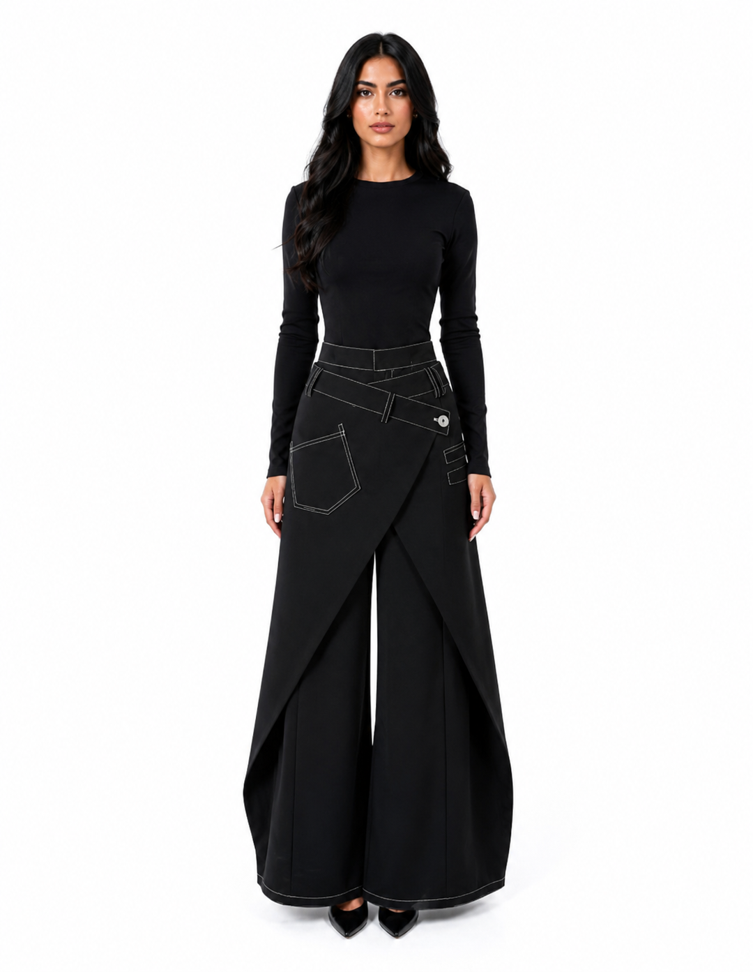 Wrap Overlay Wide-Leg Denim Pants - Edge