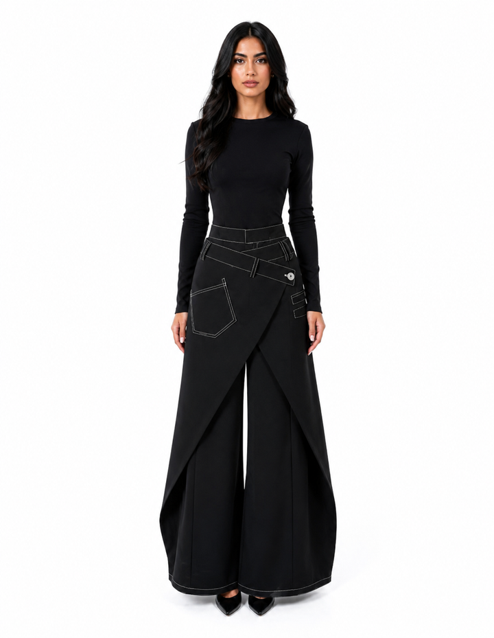 Wrap Overlay Wide-Leg Denim Pants - Edge