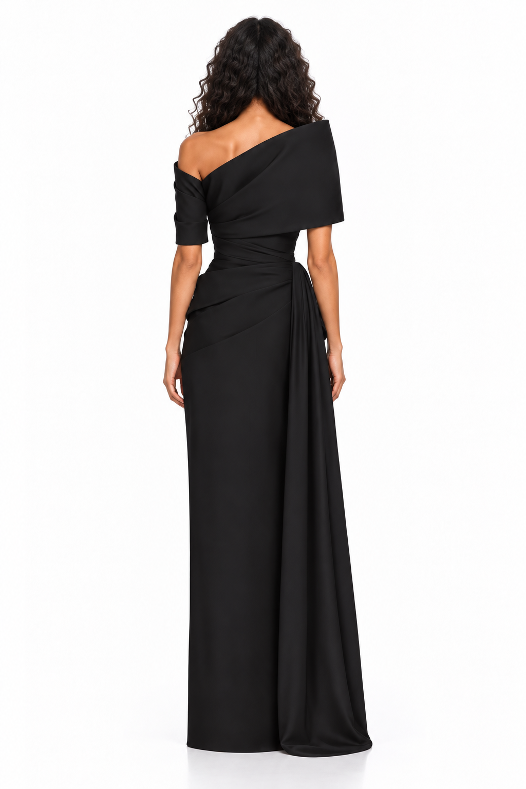 Black Asymmetrical Off-Shoulder Draped Maxi Dress - Victoria