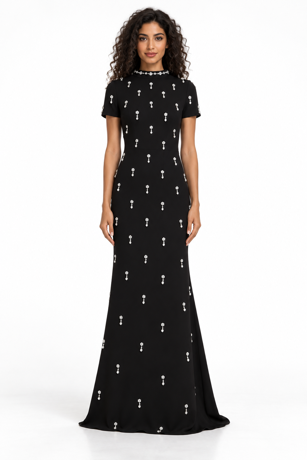 Black Crystal Embellished Short Sleeve Maxi Dress - Stella