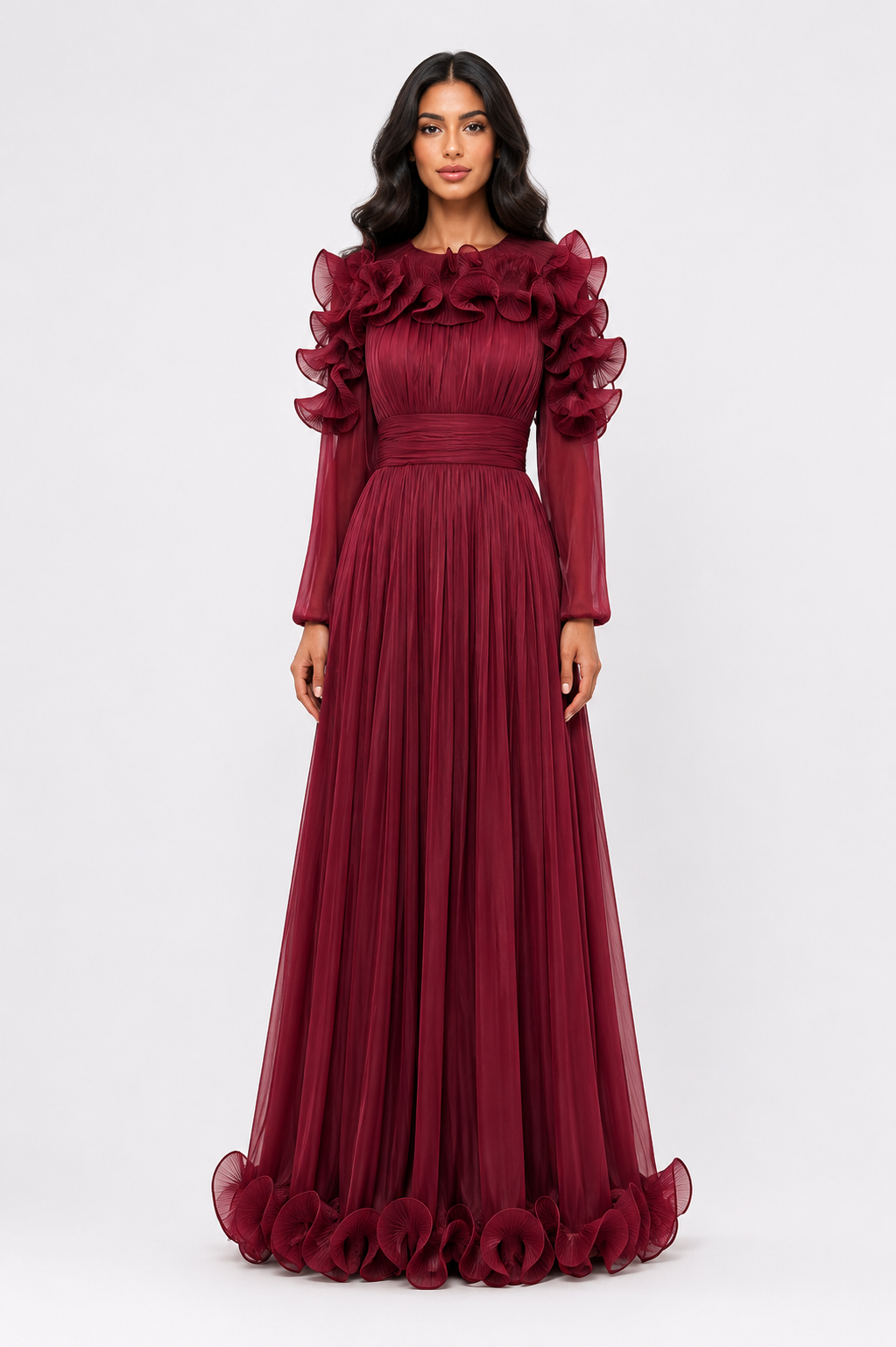 Ruffled Pleated Chiffon Maxi Dress - Midnight