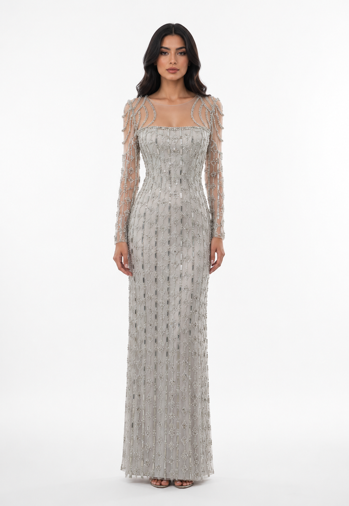 Crystal Illusion Long-Sleeve Gown – SILVERRA