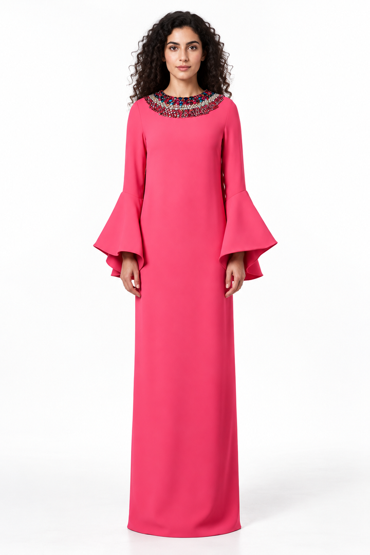 Fuchsia Crystal Neckline Bell Sleeve Maxi Dress - Ruby