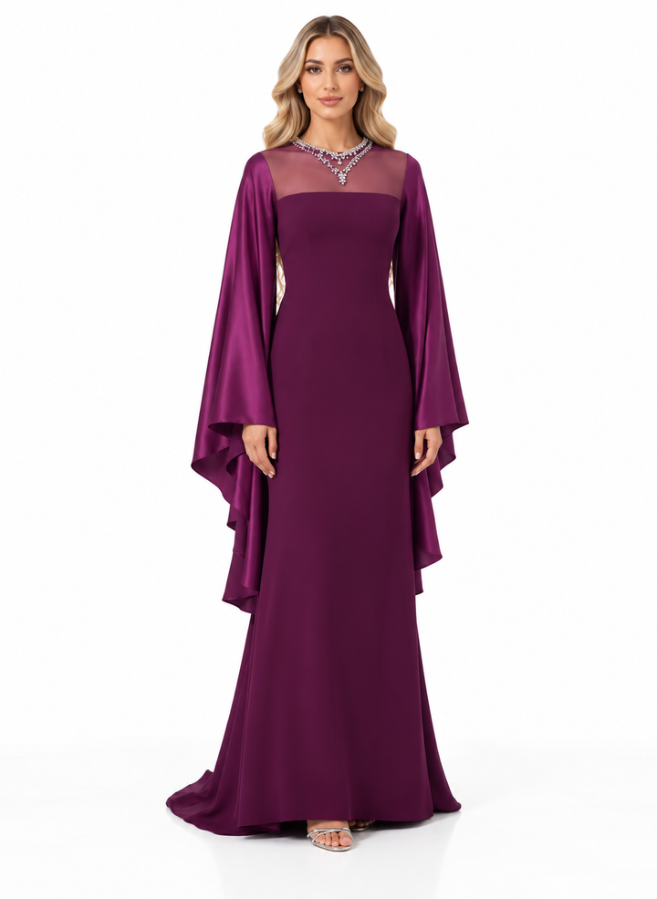 Sheer Neckline Draped Sleeve Evening Gown - Opulence