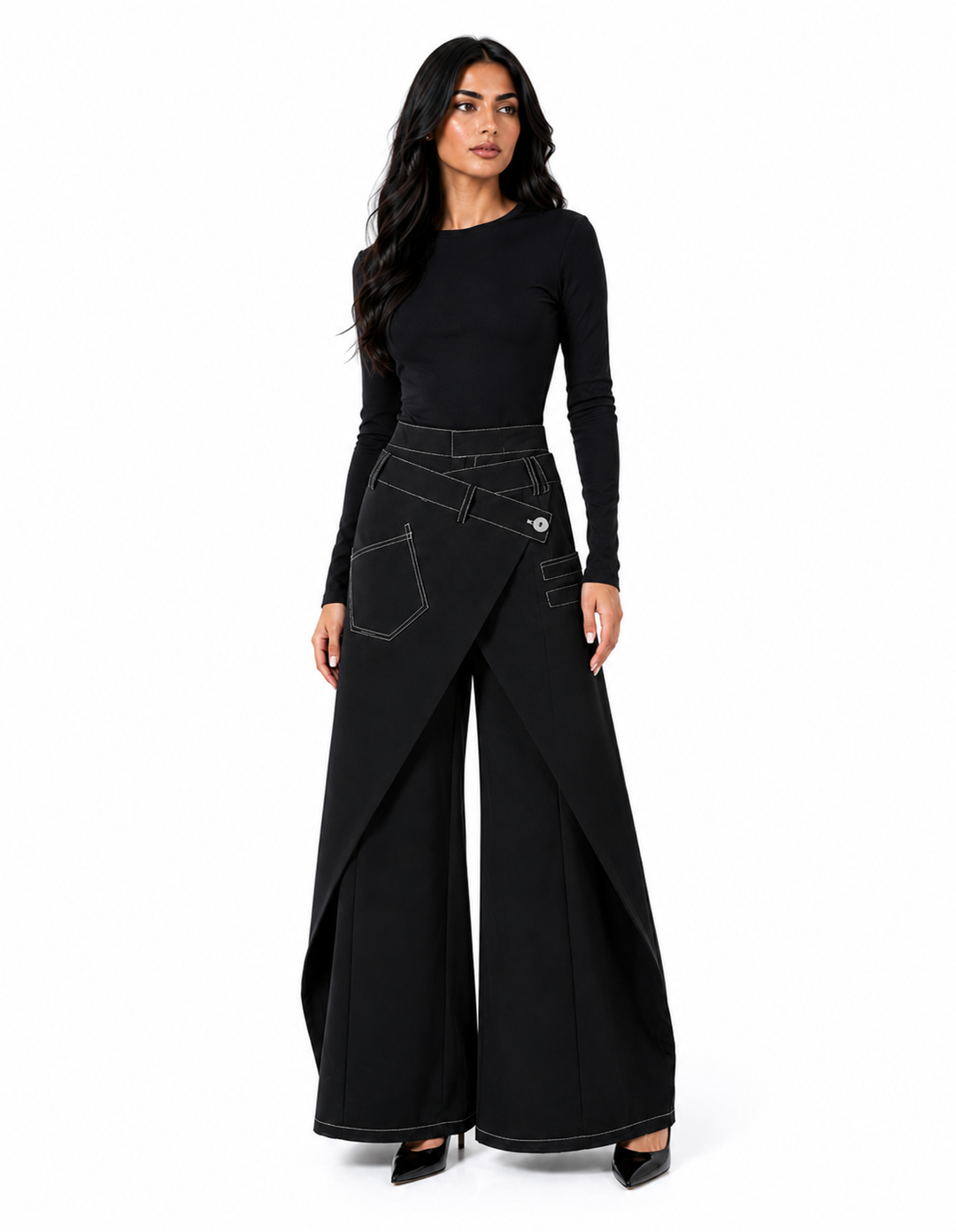 Wrap Overlay Wide-Leg Denim Pants - Edge