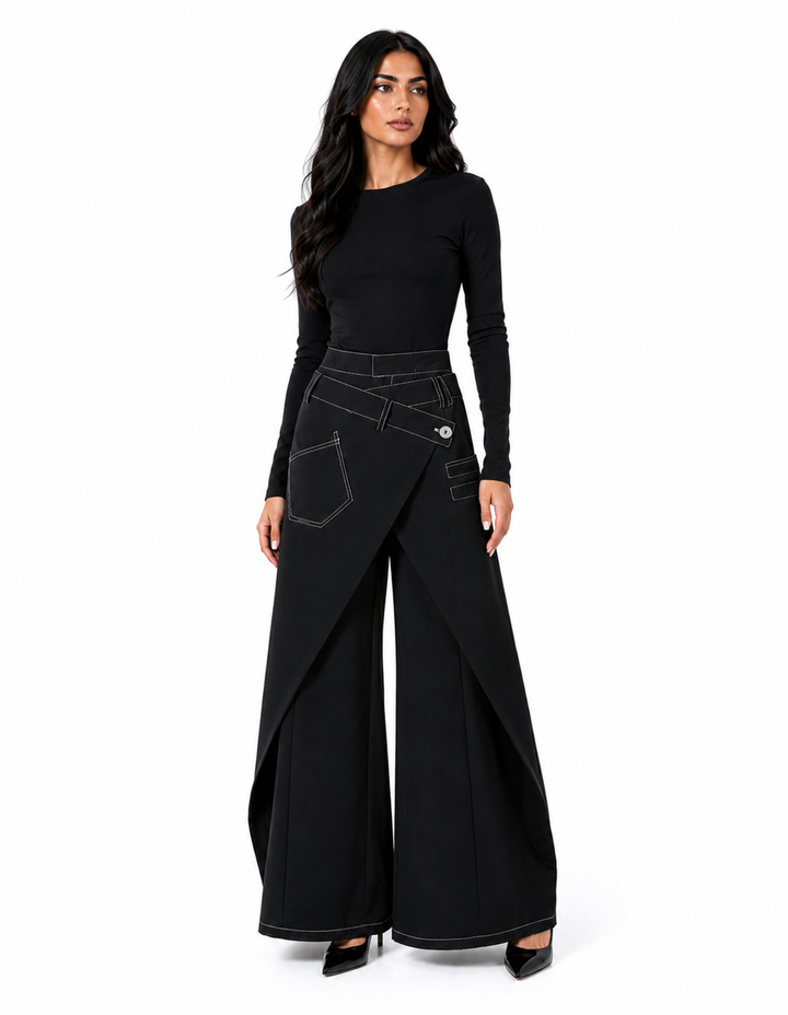 Wrap Overlay Wide-Leg Denim Pants - Edge