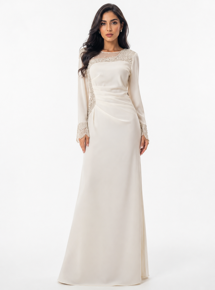Ivory Crystal-Embellished Long Sleeve Gown – Elara