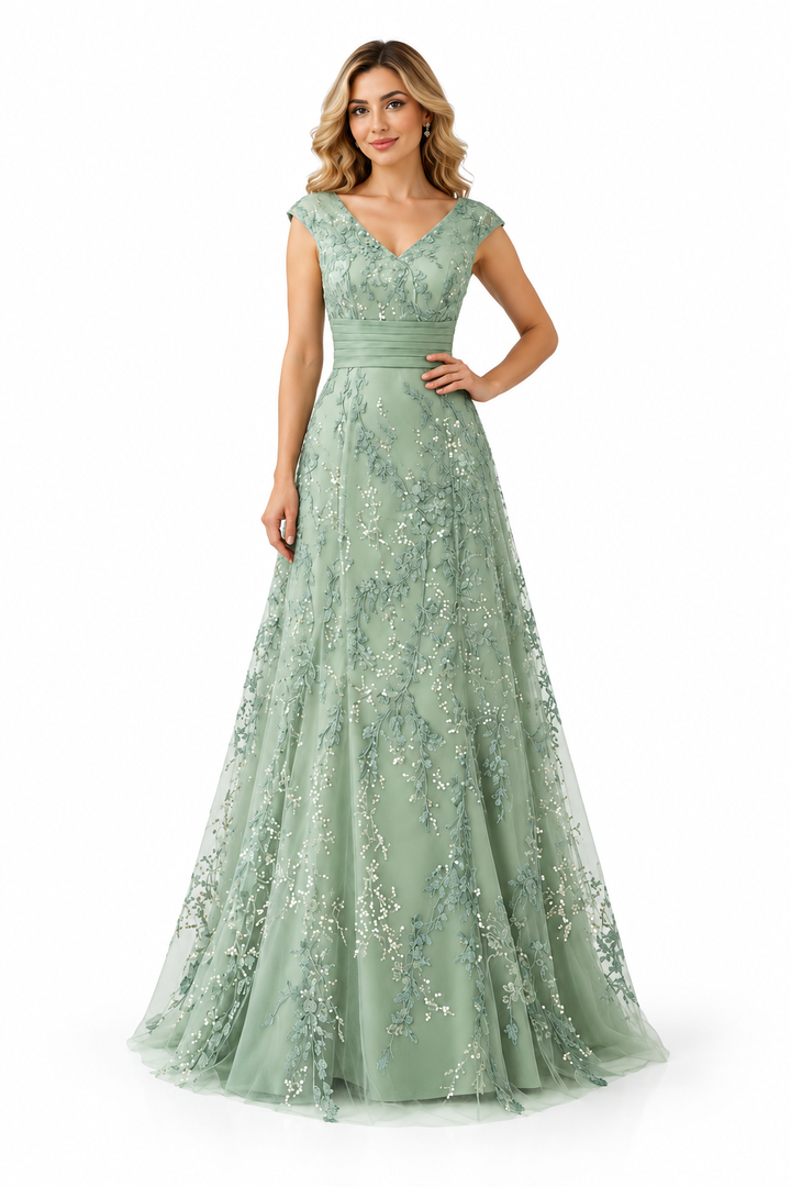 Embellished V-Neck A-Line Evening Gown - Lustre