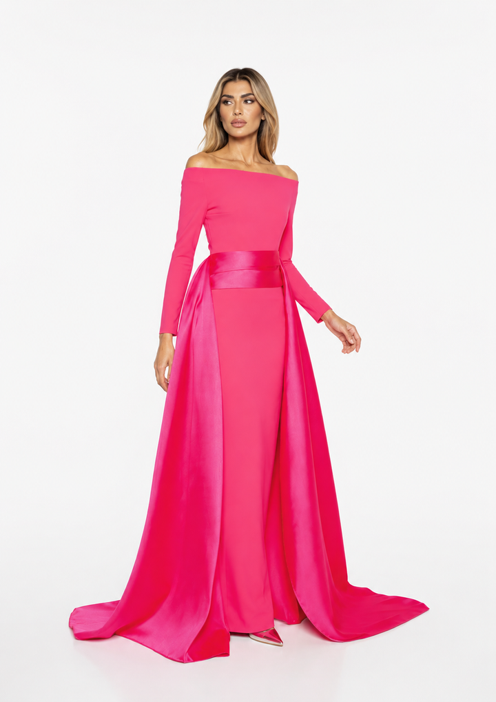 off-shoulder gown with sculpted draped train – Xalee