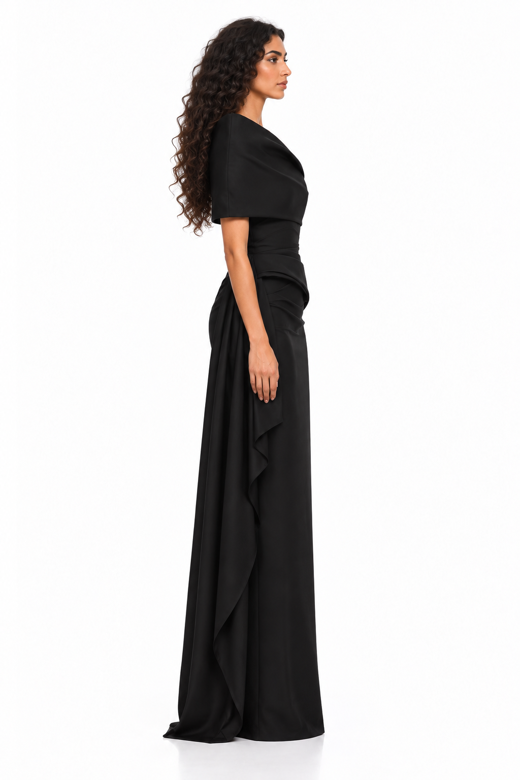 Black Asymmetrical Off-Shoulder Draped Maxi Dress - Victoria