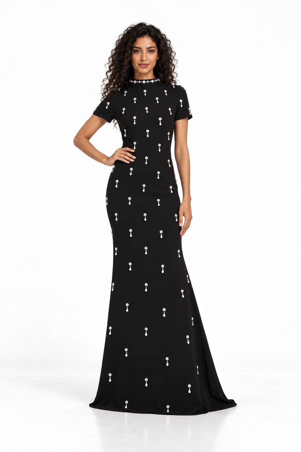 Black Crystal Embellished Short Sleeve Maxi Dress - Stella