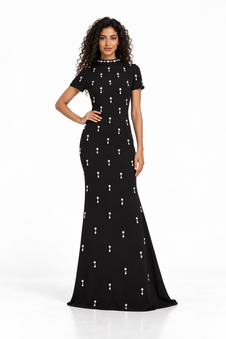 Black Crystal Embellished Short Sleeve Maxi Dress - Stella