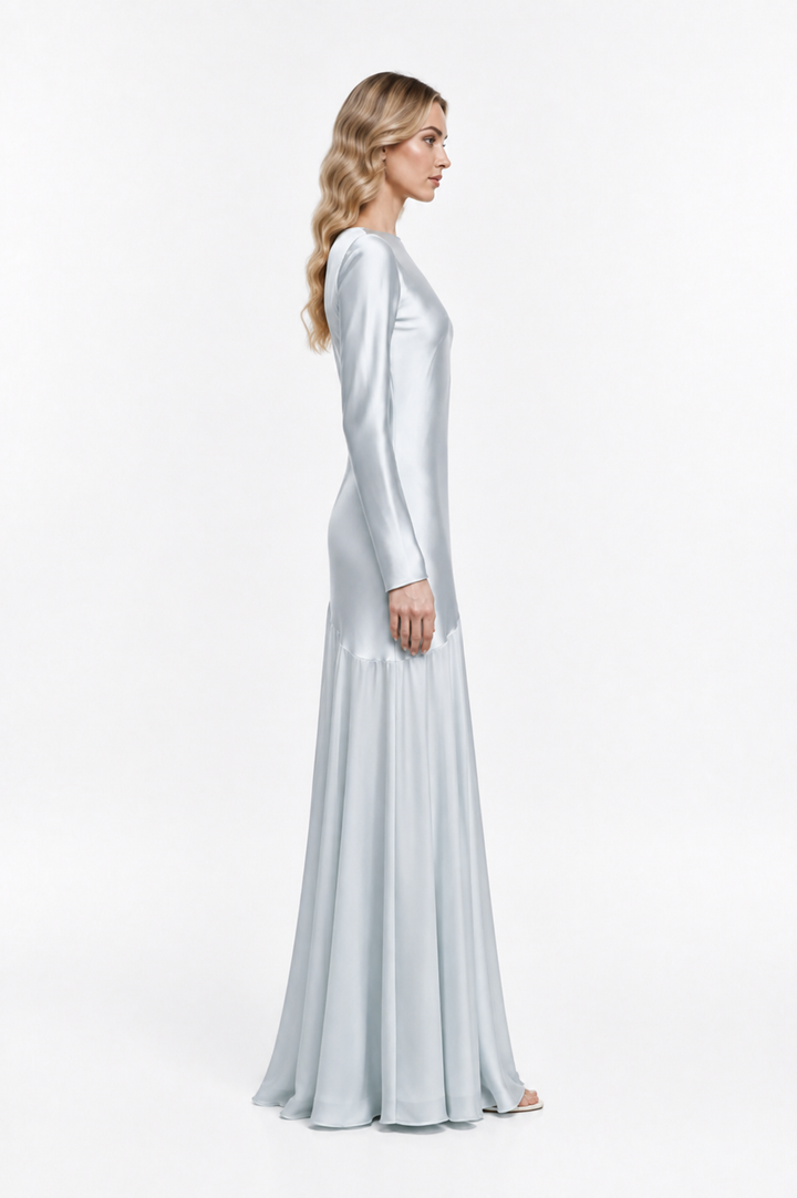 Ice Blue Satin Long-Sleeve Gown – Glacia