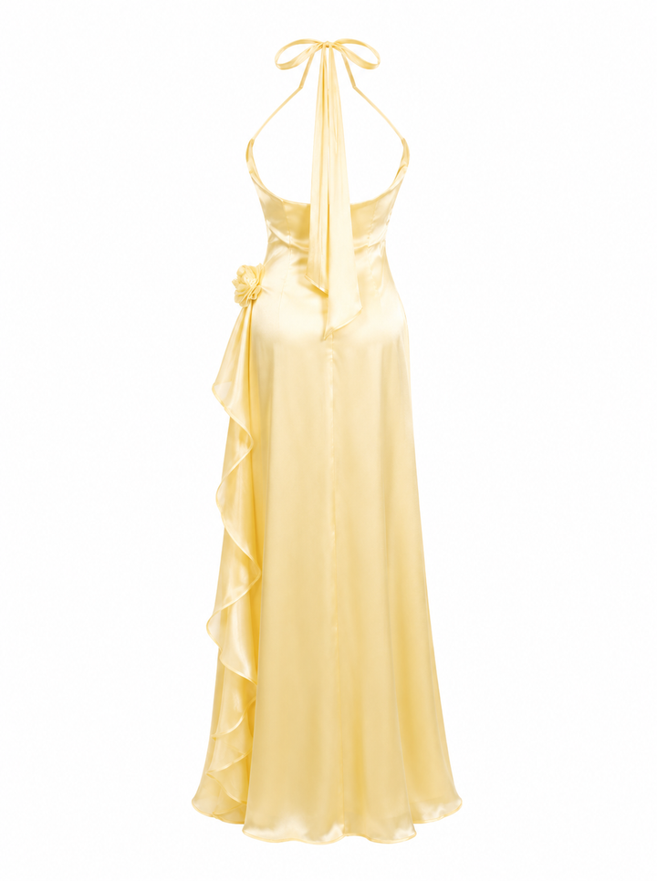 Floral Draped Satin Gown - Buttercream