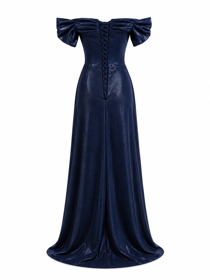 Off-Shoulder Satin Evening Gown - Midnight