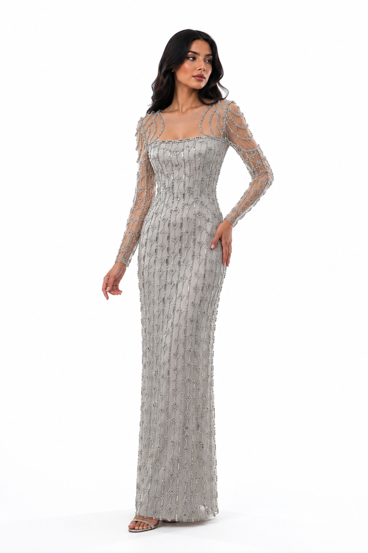 Crystal Illusion Long-Sleeve Gown – SILVERRA