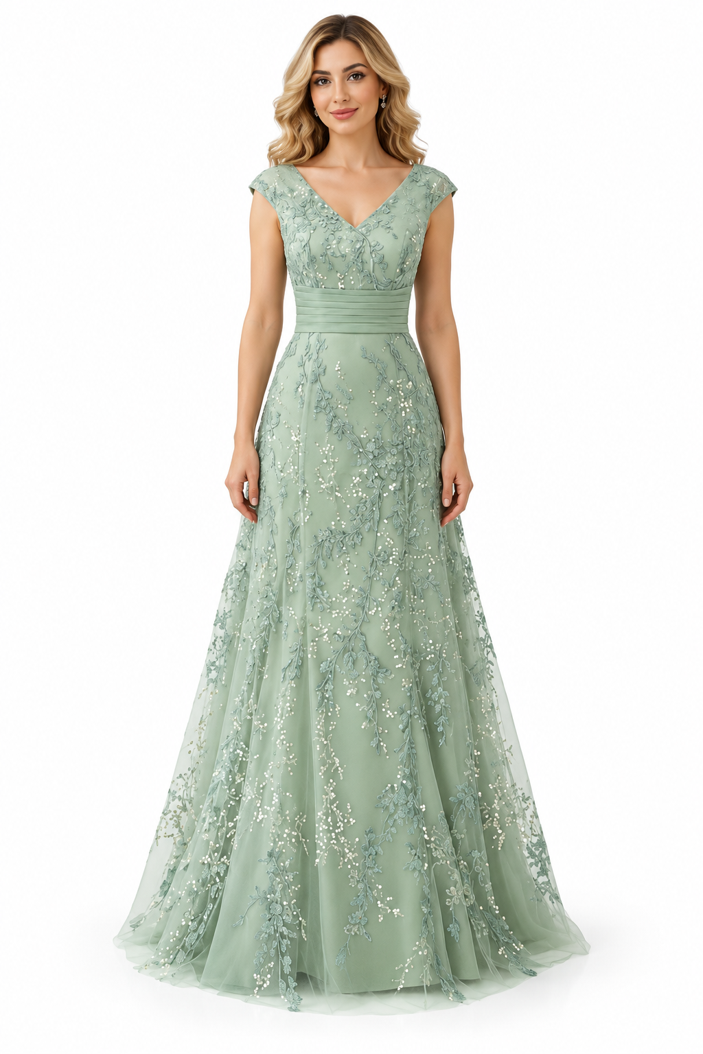 Embellished V-Neck A-Line Evening Gown - Lustre