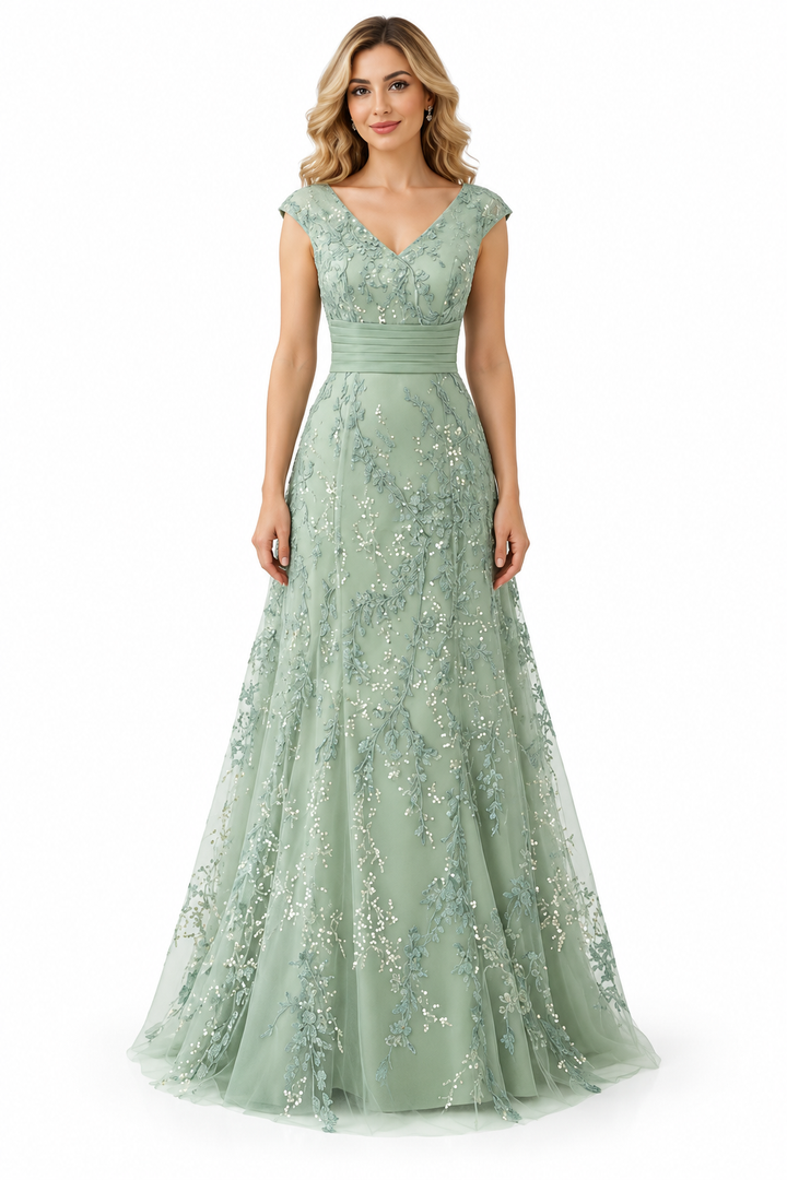 Embellished V-Neck A-Line Evening Gown - Lustre