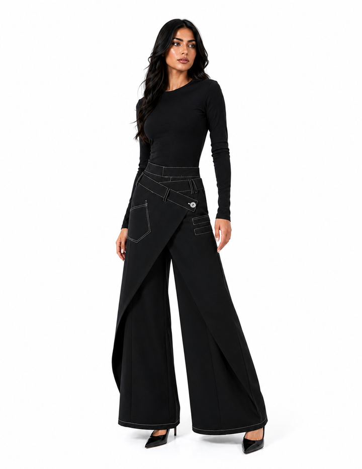 Wrap Overlay Wide-Leg Denim Pants - Edge