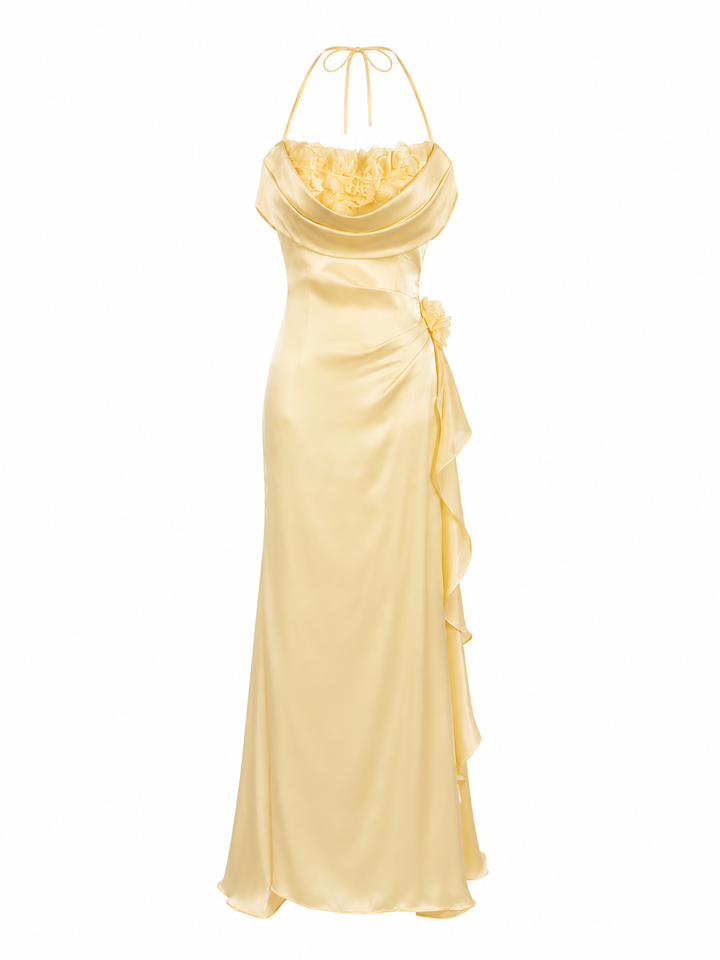 Floral Draped Satin Gown - Buttercream