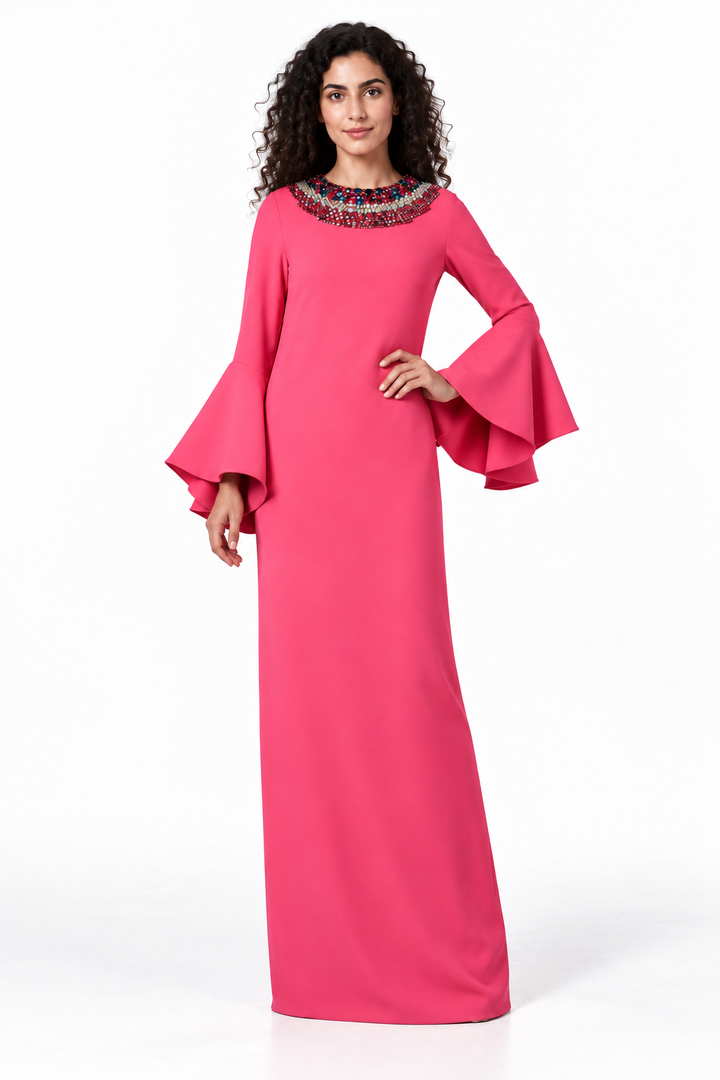 Fuchsia Crystal Neckline Bell Sleeve Maxi Dress - Ruby