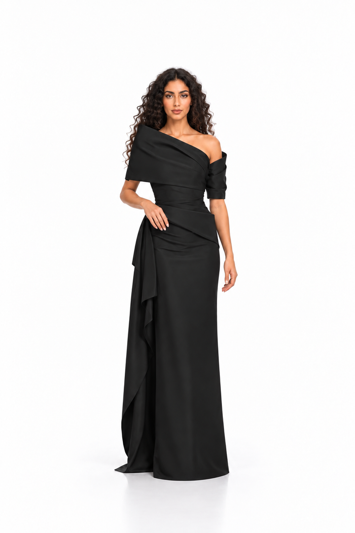 Black Asymmetrical Off-Shoulder Draped Maxi Dress - Victoria
