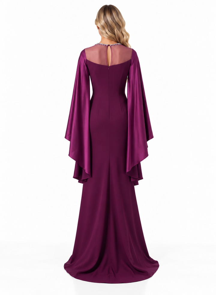 Sheer Neckline Draped Sleeve Evening Gown - Opulence