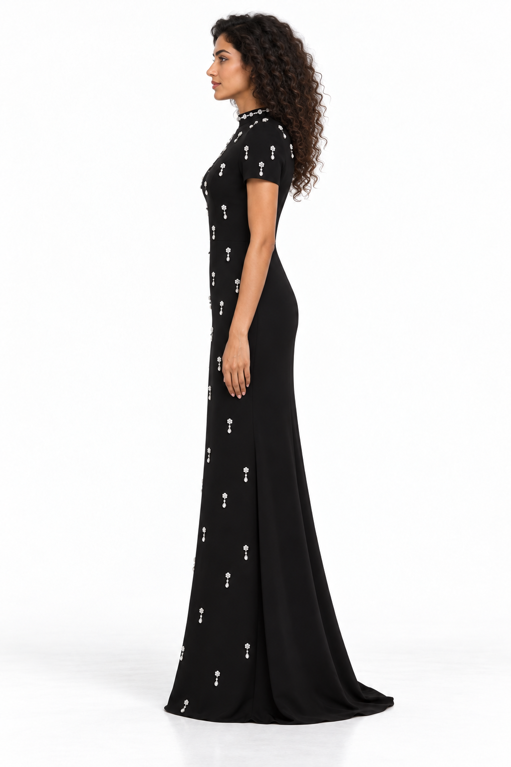 Black Crystal Embellished Short Sleeve Maxi Dress - Stella