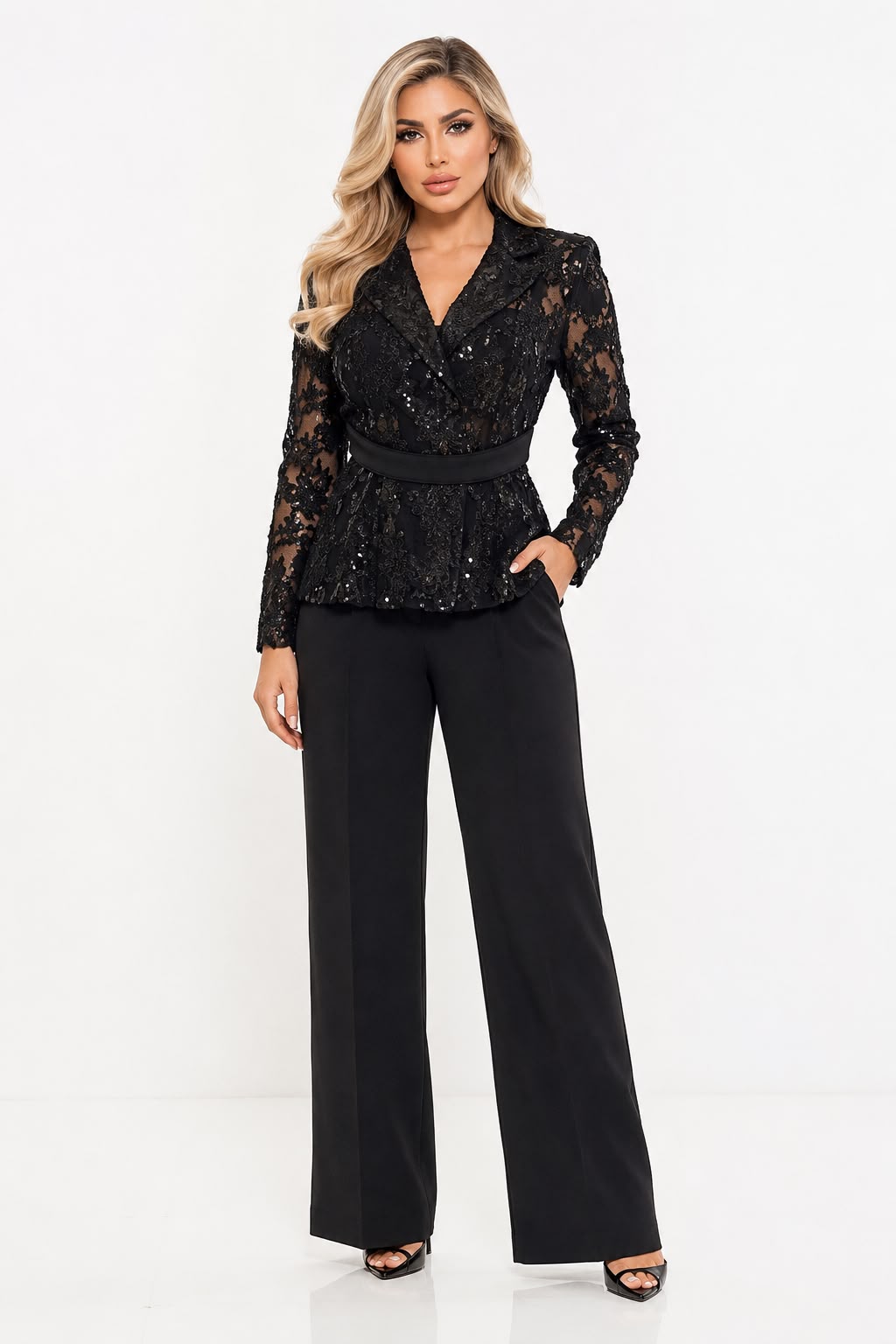 Sequin Lace Blazer & Wide-Leg Pants Set - Noir
