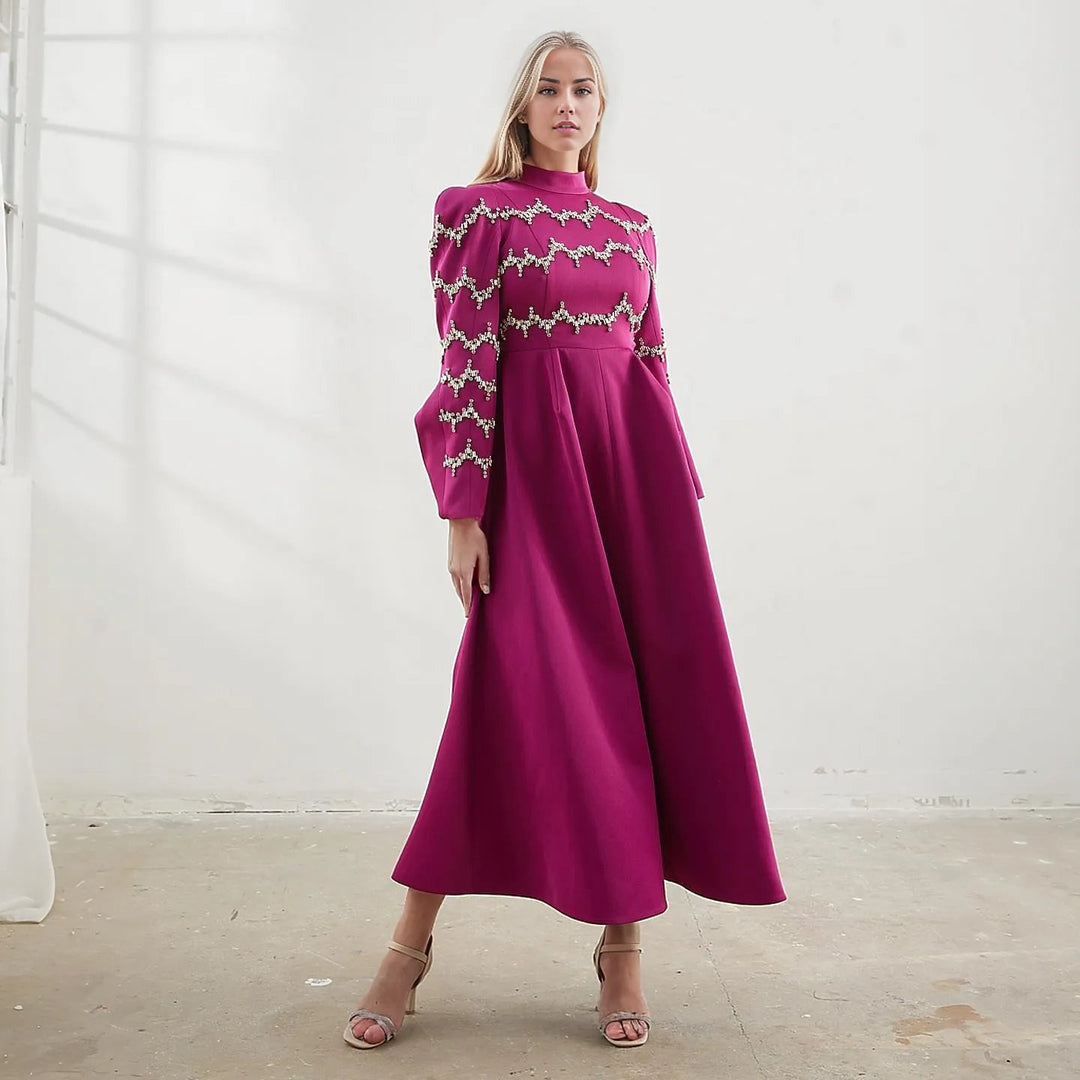 Embellished high-neck A-line midi dress – Silie –