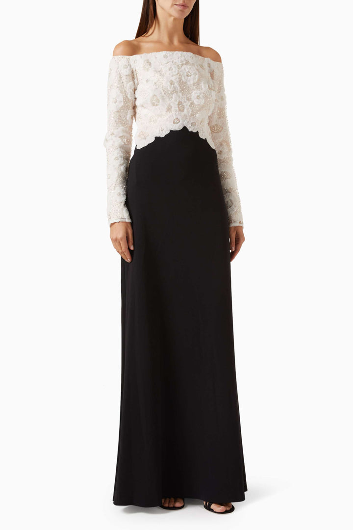 Off-shoulder gown with embroidered lace bodice – NOIRE