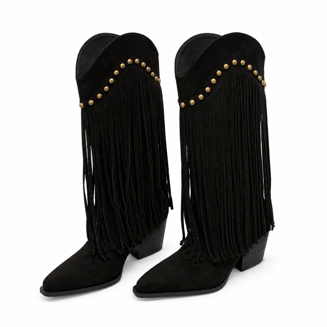 Fringe Studded Western Knee-High Boots - Rodevia