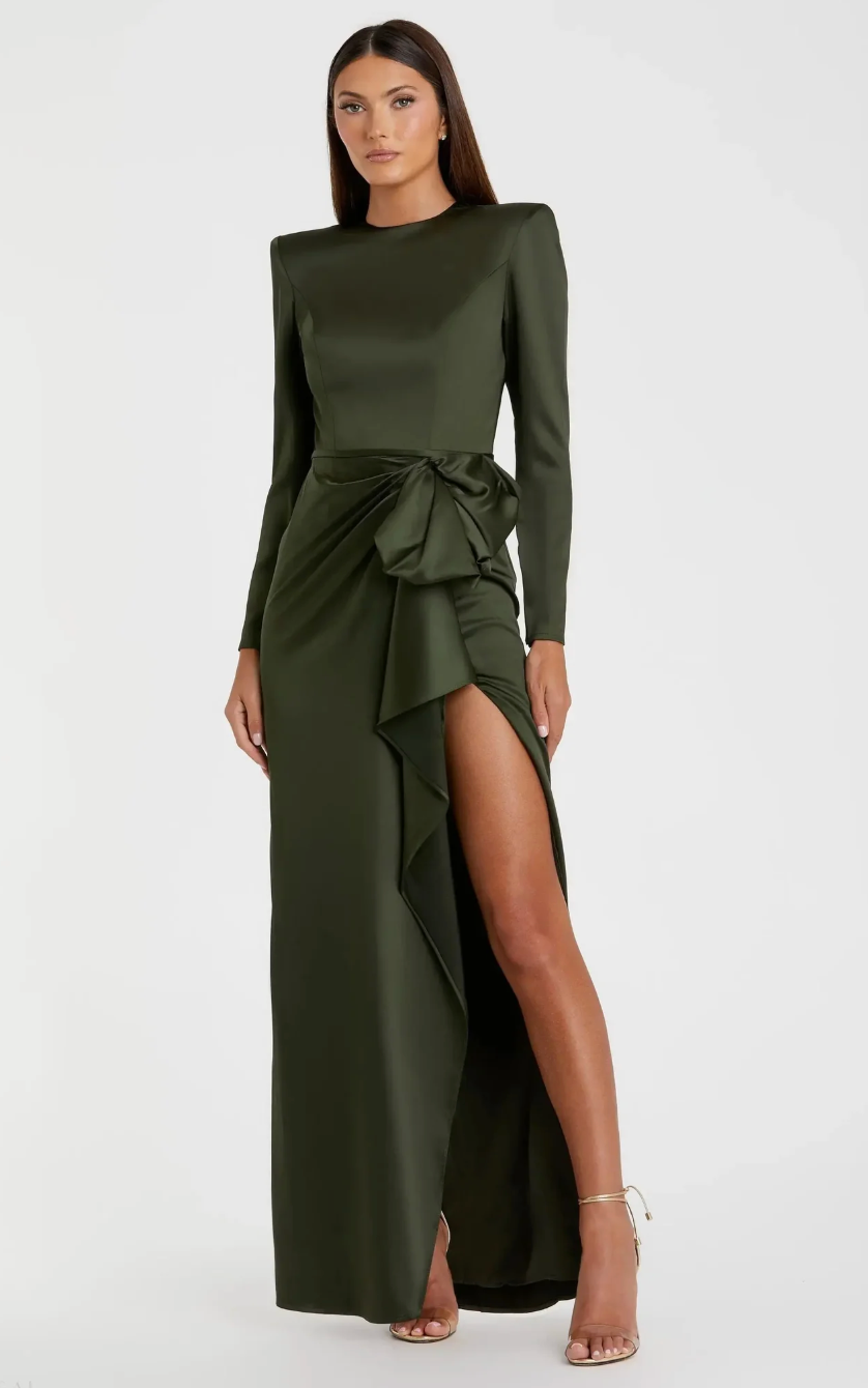 Satin Draped Bow Gown - Olive