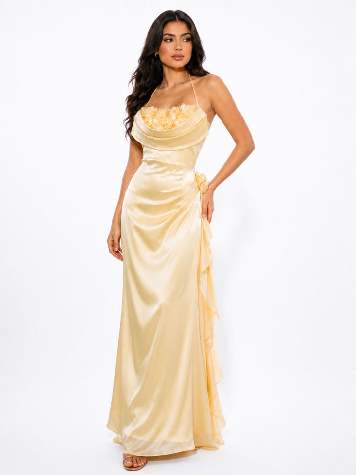 Floral Draped Satin Gown - Buttercream