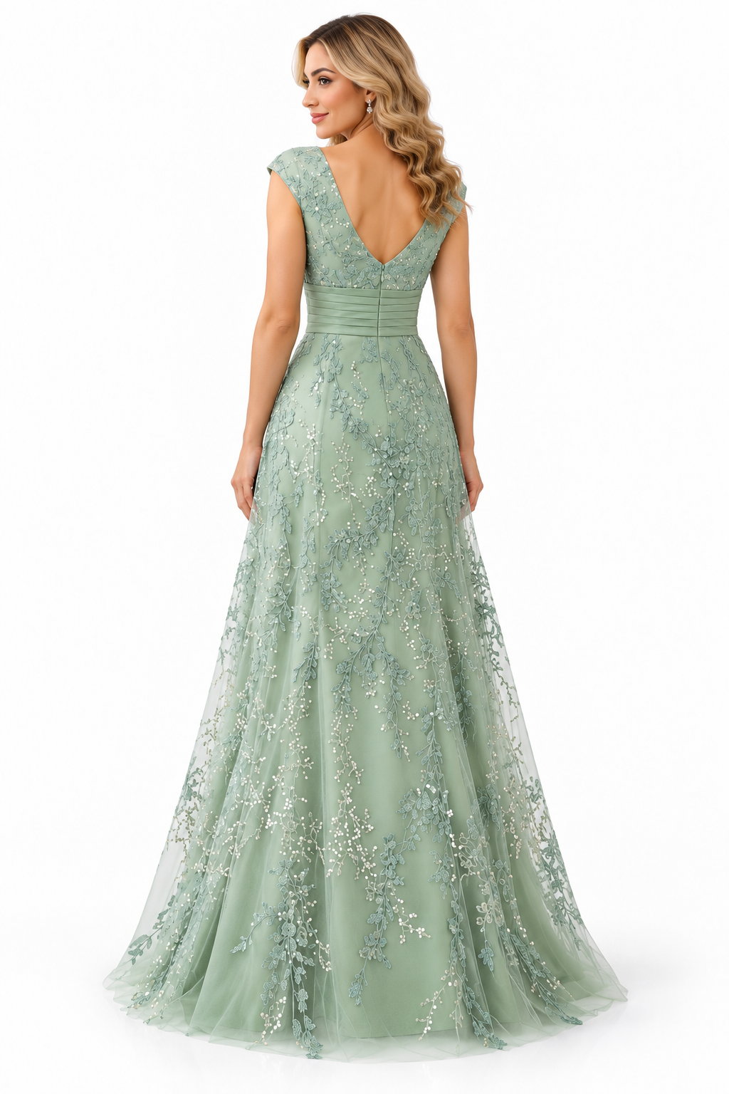 Embellished V-Neck A-Line Evening Gown - Lustre
