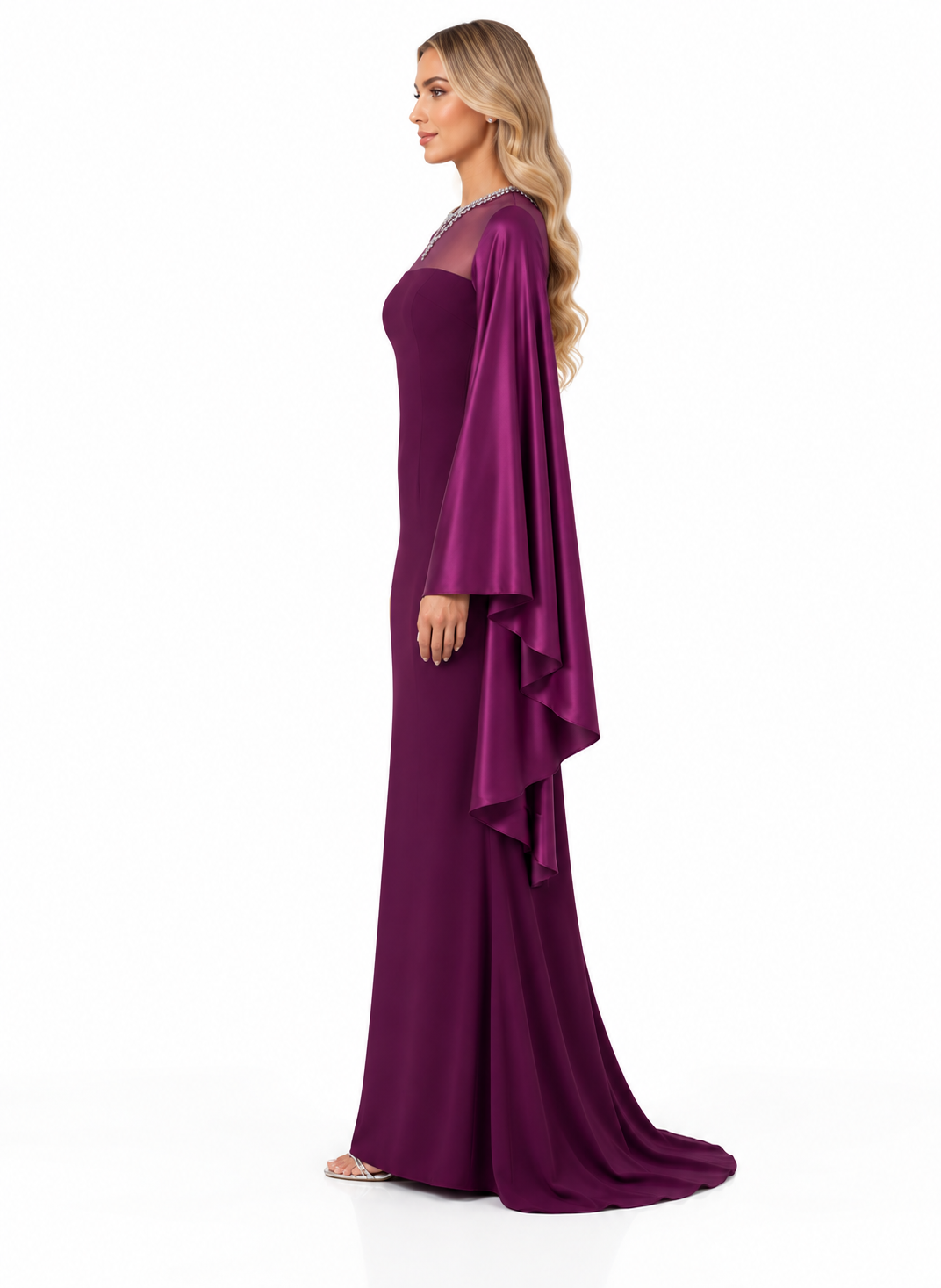 Sheer Neckline Draped Sleeve Evening Gown - Opulence
