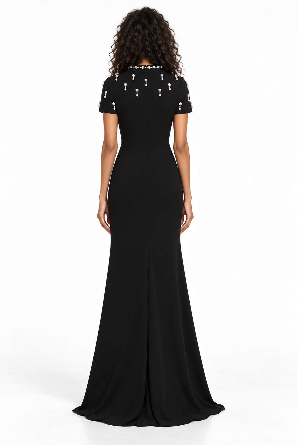 Black Crystal Embellished Short Sleeve Maxi Dress - Stella