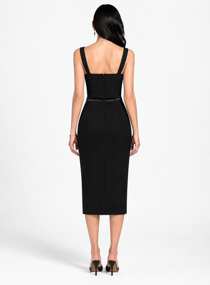 Black Bustier Slit Midi Dress – Lace