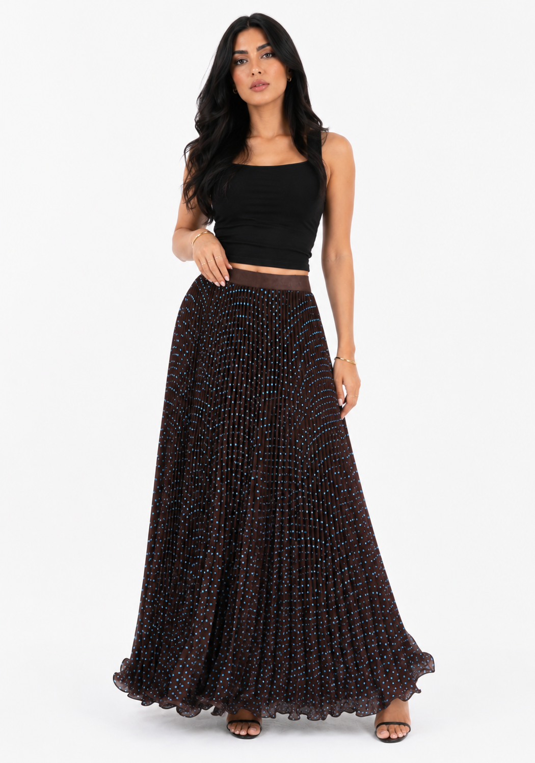 Brown Polka Dot Pleated Maxi Skirt – MOCHA