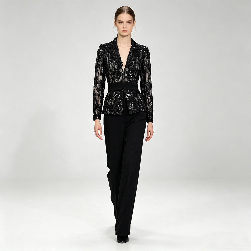 Sequin Lace Blazer & Wide-Leg Pants Set - Noir