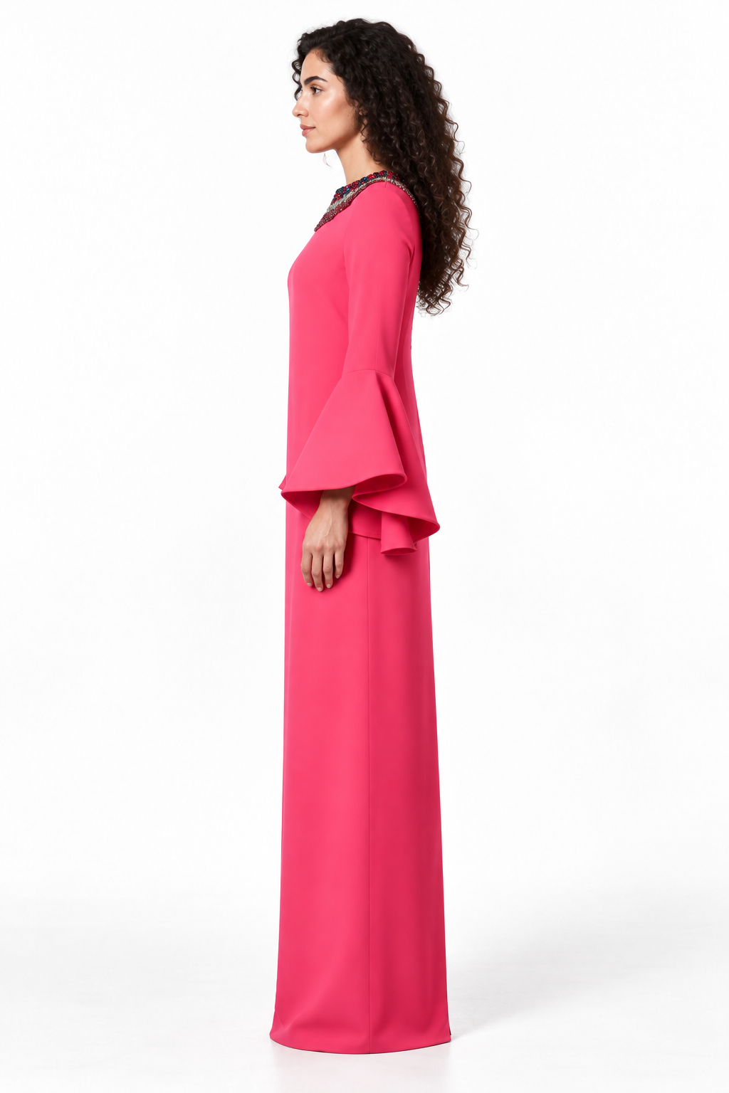Fuchsia Crystal Neckline Bell Sleeve Maxi Dress - Ruby
