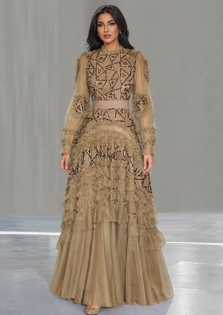 Gold Embellished Ruffle Evening Gown – Aurelia