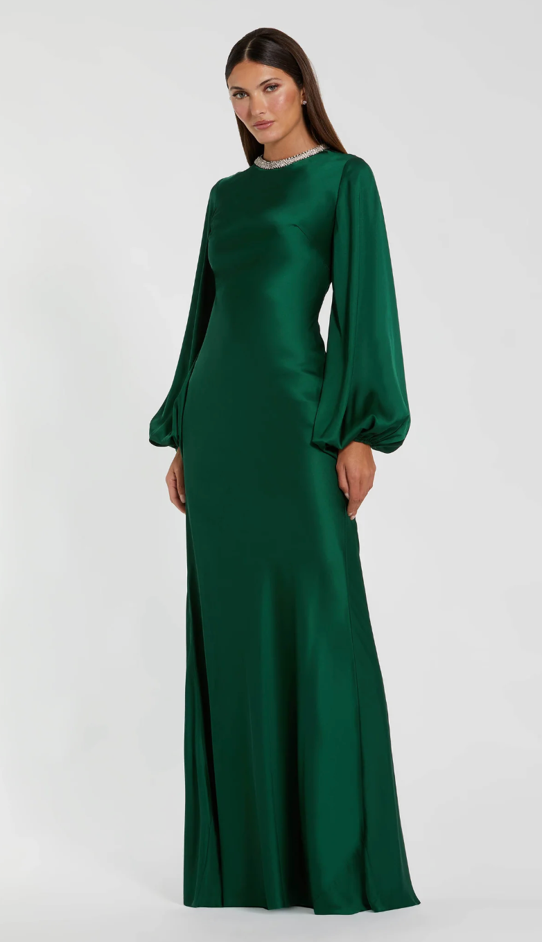 Crystal Neck Satin Gown - Emerald