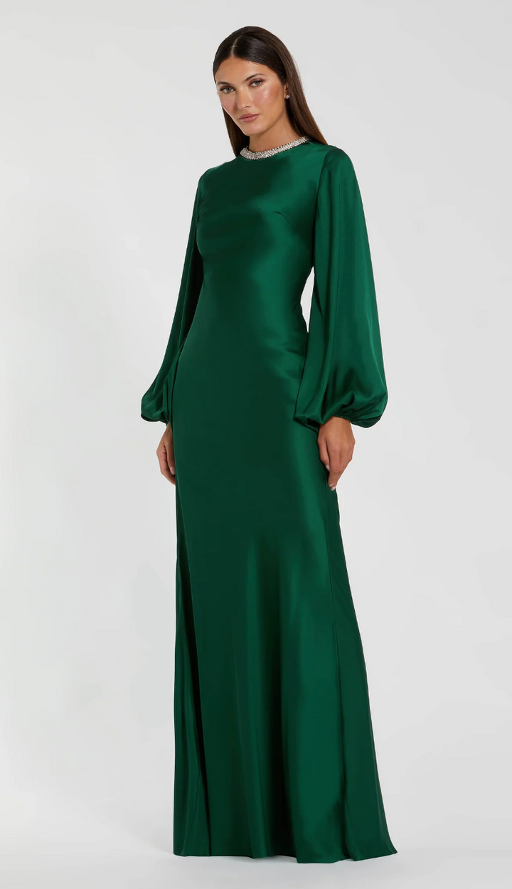 Crystal Neck Satin Gown - Emerald