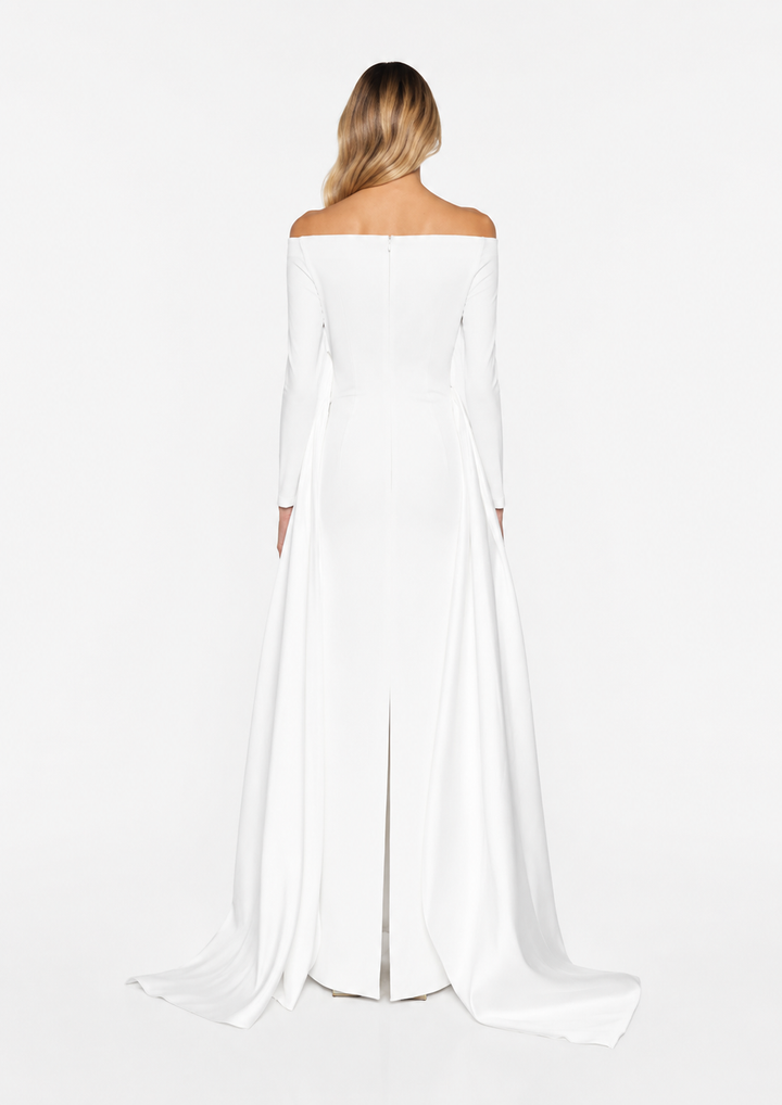off-shoulder gown with sculpted draped train – Xalee