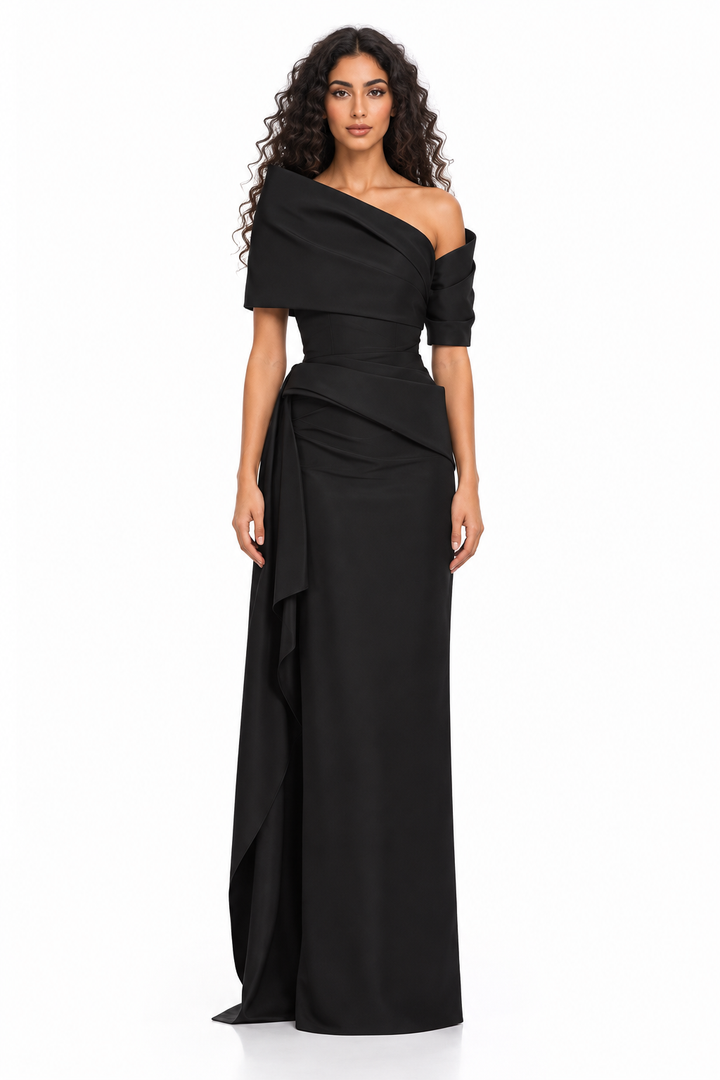 Black Asymmetrical Off-Shoulder Draped Maxi Dress - Victoria