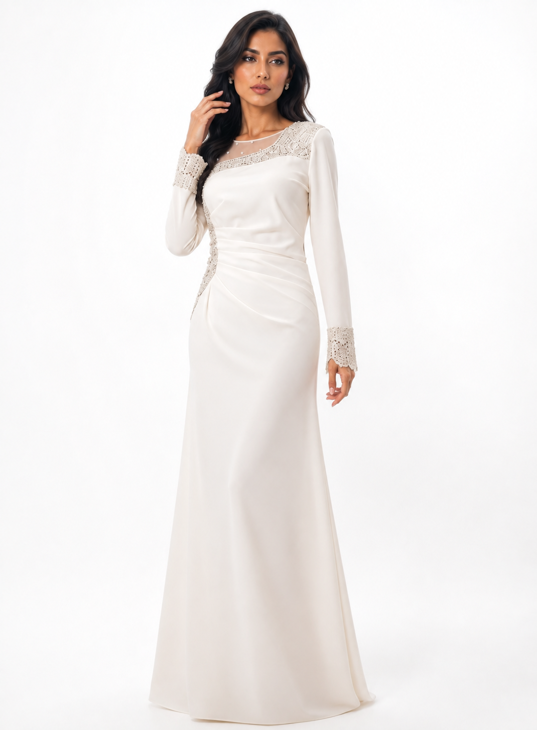 Ivory Crystal-Embellished Long Sleeve Gown – Elara